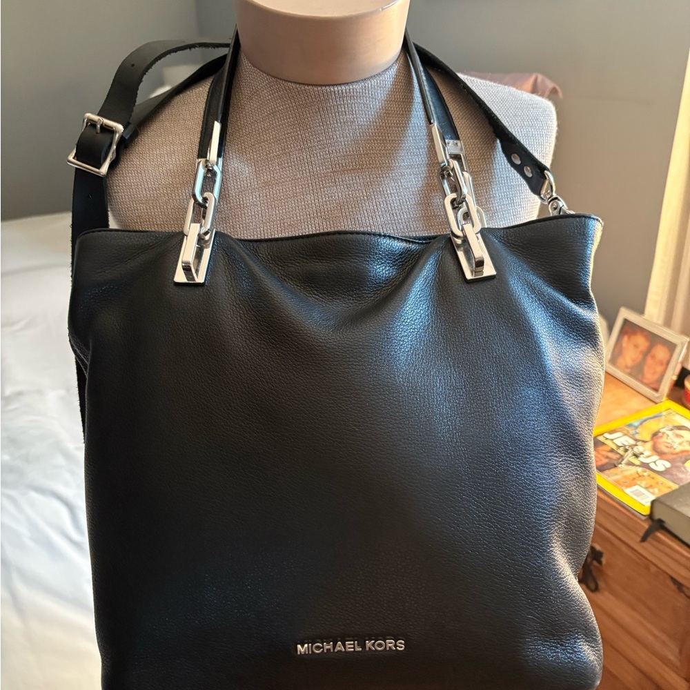 Michael Kors Black Leather Tote with Silver Hardware